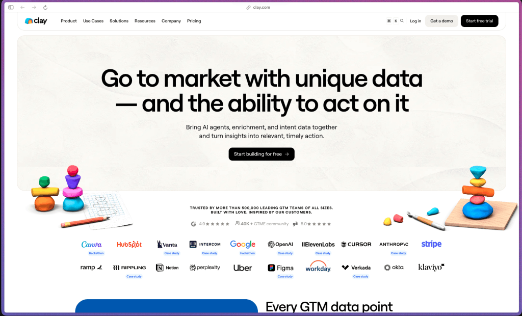 Clay clay.com homepage showing B2B go-to-market data enrichment and prospecting platform with spreadsheet-style table workspace, multi-provider waterfall enrichment across 100-plus data sources