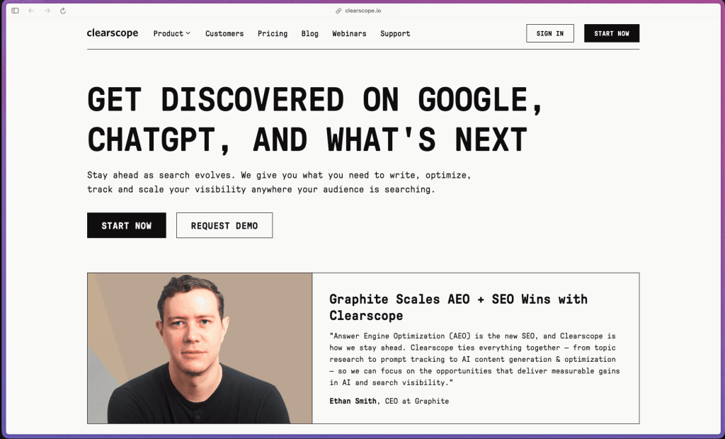 Clearscope clearscope.io homepage showing SEO content optimization and AI search discoverability platform with real-time term recommendations and A-to-F content grading scale