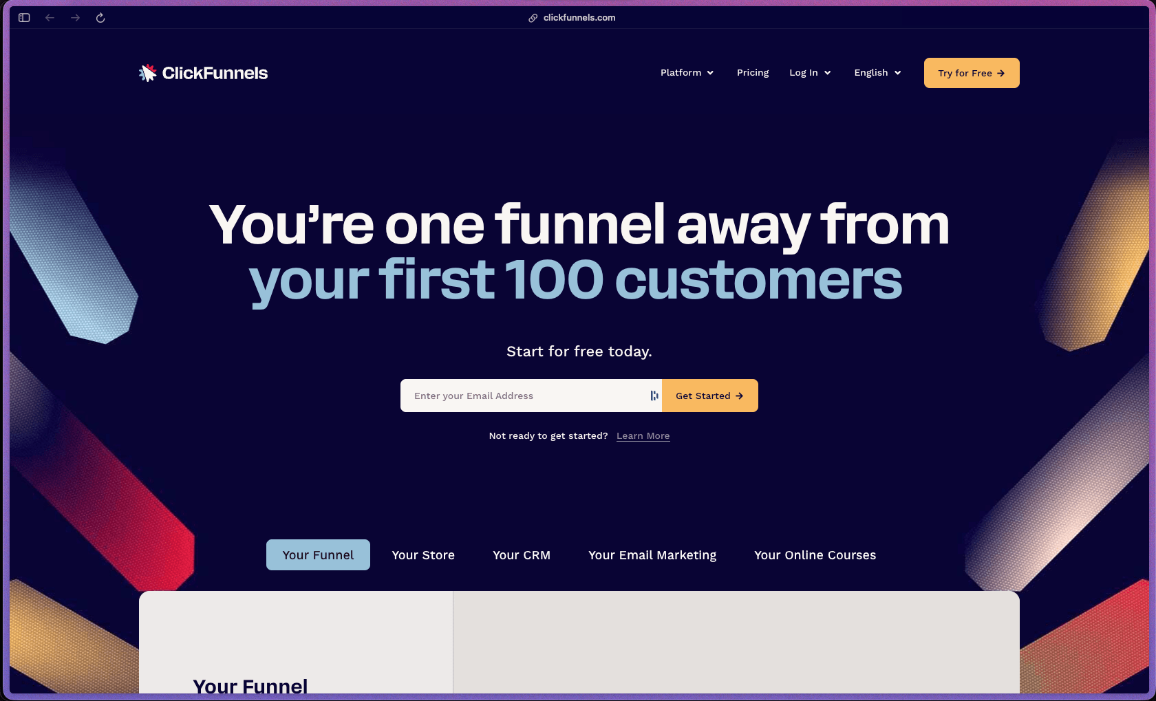 ClickFunnels clickfunnels.com homepage showing all-in-one online marketing and sales funnel platform with drag-and-drop funnel builder, unlimited funnels pages contacts domains and courses on all plans, landing pages opt-in forms