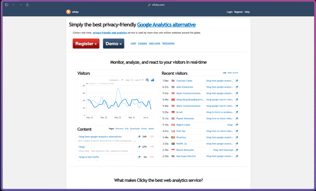 Clicky homepage showing a real-time, privacy-friendly web analytics platform used by over 1 million websites. Features include live visitor logs, heatmaps, bot detection, uptime monitoring, goal tracking, and GDPR-compliant cookie-free tracking. Plans range from a free tier to paid monthly or annual subscriptions, with white-label reseller options for agencies.