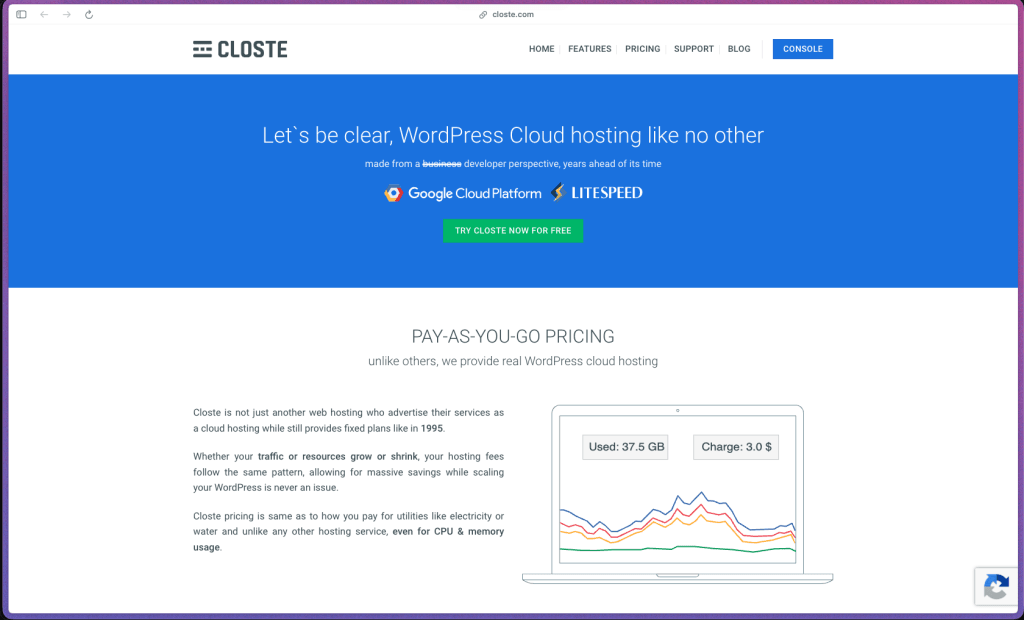 Closte homepage showing managed WordPress cloud hosting built on Google Cloud Platform and LiteSpeed Enterprise, with pay-as-you-go billing, built-in CDN, staging, automated backups, and team collaboration. Includes DDoS protection, WAF, SSL, WP-CLI, and SSH access. 7-day free trial, 99.95% uptime SLA.