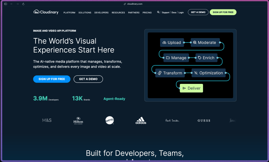 Cloudinary homepage showing a cloud-based image and video management platform with on-the-fly transformations, AI smart cropping, generative fill, format optimization, CDN delivery, digital asset management, video transcoding, and content moderation. Used by Peloton, Grubhub, NBC, Atlassian, and 10,000+ customers. Free plan available, paid plans scale by credit usage.
