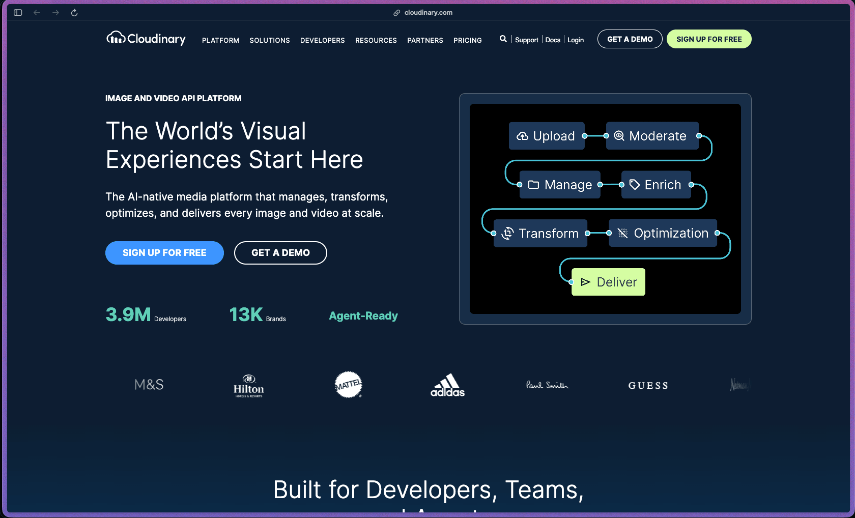 Cloudinary homepage showing a cloud-based image and video management platform with on-the-fly transformations, AI smart cropping, generative fill, format optimization, CDN delivery, digital asset management, video transcoding, and content moderation. Used by Peloton, Grubhub, NBC, Atlassian, and 10,000+ customers. Free plan available, paid plans scale by credit usage.