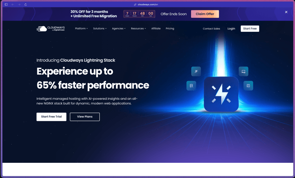 Cloudways homepage showing a managed cloud hosting platform for WordPress, WooCommerce, Magento, Laravel, and PHP apps. Supports DigitalOcean, AWS, and Google Cloud with one-click staging, automated backups, built-in Cloudflare CDN, Redis caching, vertical scaling, and 24/7 live chat support. Used by 70,000+ businesses hosting 500,000+ websites. Rated 4.8/5 on G2. Pay-as-you-go pricing with 3-day free trial.