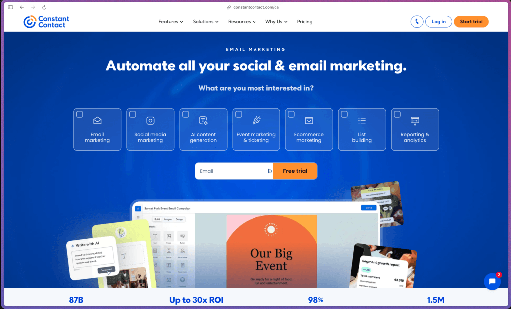 Constant Contact homepage showing a small business email marketing platform with drag-and-drop email builder, automation workflows, event ticketing, social media posting, SMS marketing, paid ads management, and 300+ integrations including Shopify, Salesforce, and Etsy. Rated 4.2/5 on G2 from 9,100+ reviews. Three paid plans: Lite, Standard, and Premium. 60-day free trial with no credit card required.