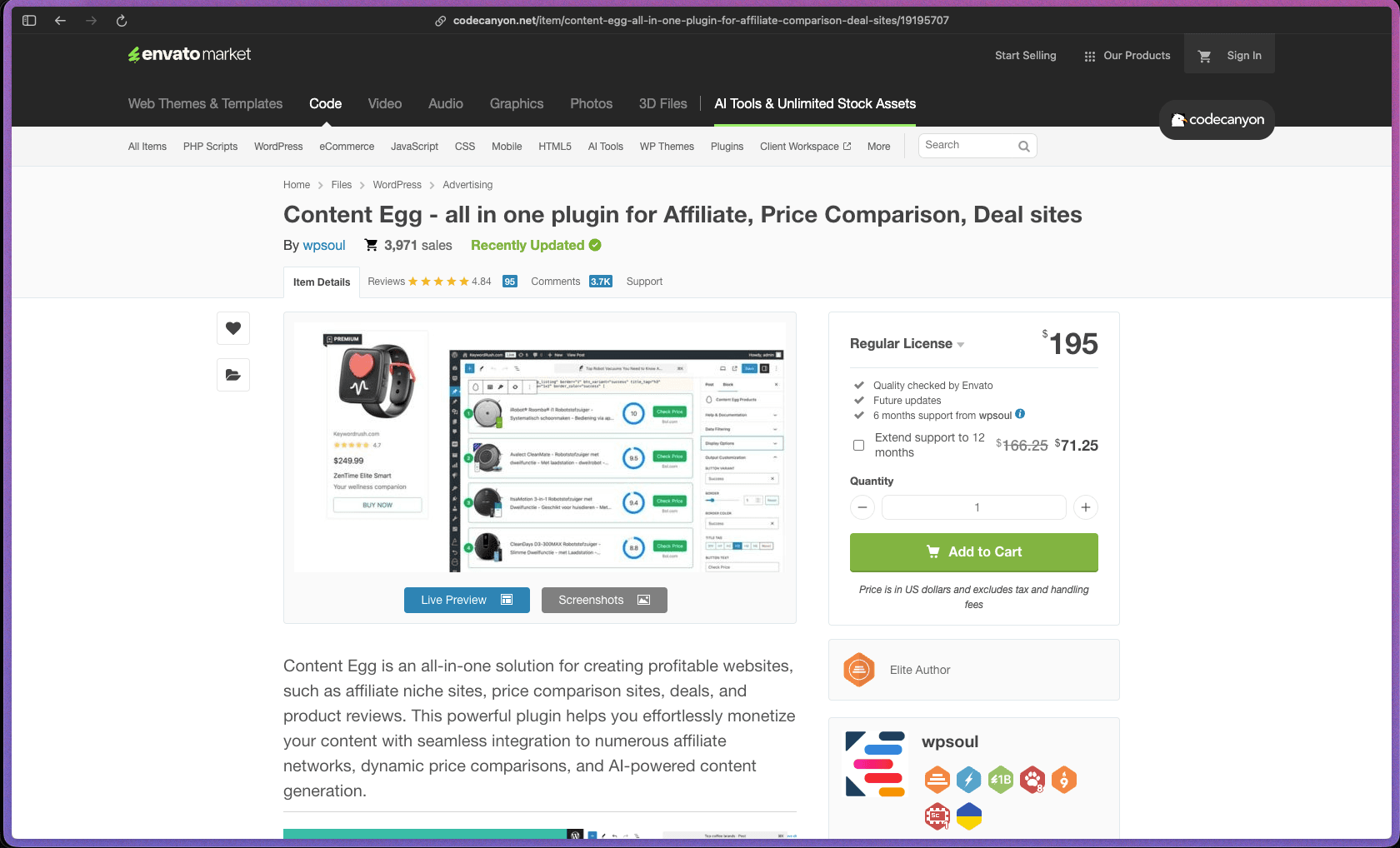 Content Egg WordPress plugin homepage on CodeCanyon showing an all-in-one affiliate marketing tool connecting to 30+ affiliate networks including Amazon, eBay, AliExpress, and Walmart. Features include auto-updating price comparison tables, price history graphs, price drop alerts, Gutenberg blocks, WooCommerce sync, autoblogging, and coupon modules. Rated 4.84/5 on CodeCanyon with 3,900+ sales. One-time purchase. Free lite version on WordPress.org with 10,000+ active installs.