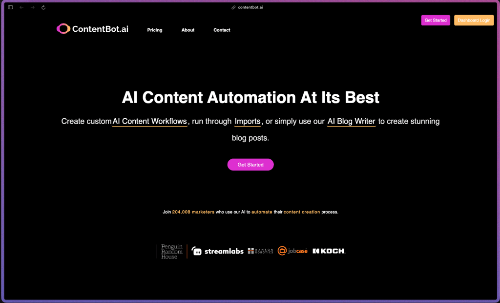 ContentBot.ai homepage showing an AI content automation platform with a drag-and-drop Flows workflow builder, blog post generator, landing page copy, ad copy templates, bulk CSV import, WordPress plugin, Chrome extension, plagiarism checker, and Humanizer tool. Multiple plans including pay-as-you-go prepaid option. Unlimited seats on all plans. 5-day free trial, no credit card required.