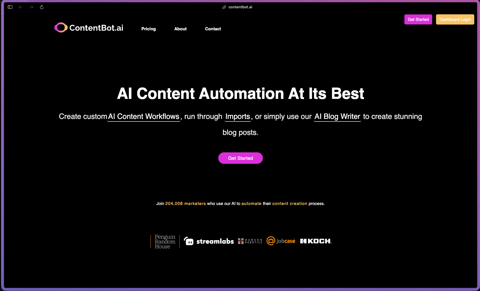 ContentBot.ai homepage showing an AI content automation platform with a drag-and-drop Flows workflow builder, blog post generator, landing page copy, ad copy templates, bulk CSV import, WordPress plugin, Chrome extension, plagiarism checker, and Humanizer tool. Multiple plans including pay-as-you-go prepaid option. Unlimited seats on all plans. 5-day free trial, no credit card required.