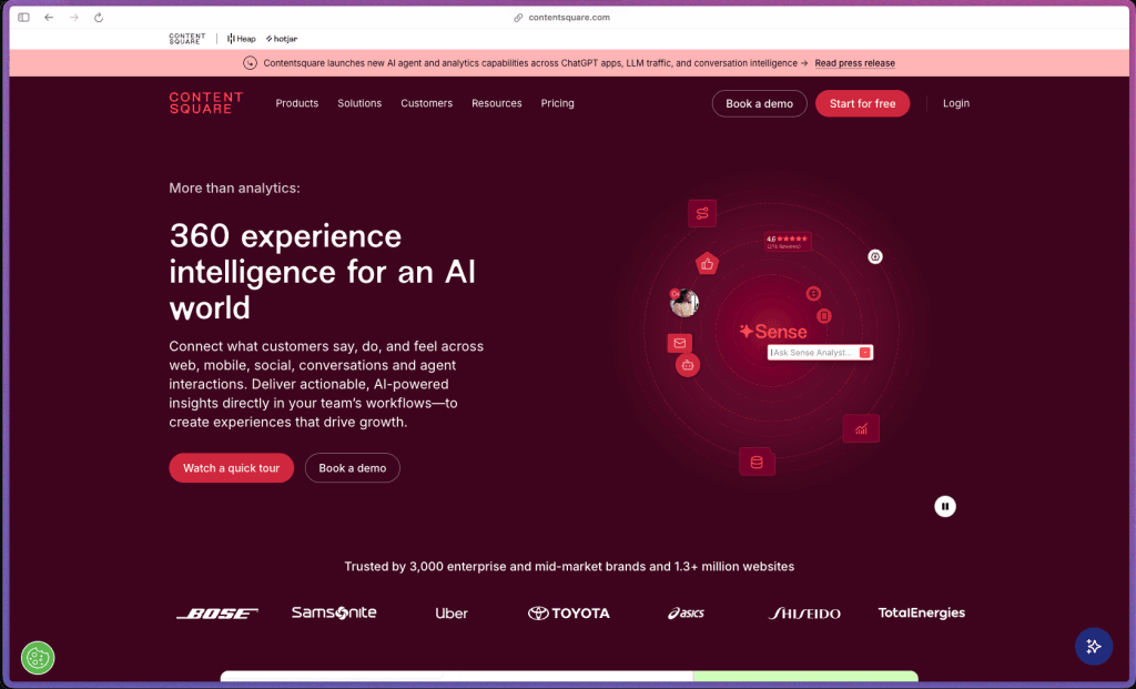 Contentsquare homepage at contentsquare.com showing an AI-powered digital experience analytics platform founded in Paris in 2012 (13+ years). Merged with Hotjar in 2024 — combined user base 1 million+ websites. Rated 4.4/5 on G2 from 2,074 verified reviews; G2 Leader in 10 enterprise categories (Winter 2023 Best Software Awards). Available on AWS Marketplace. Freemium pricing: Free (200K sessions/month, 1 project, 1 month data), Growth (from €49/month, 13-month data retention, journey analysis, automated insights), Pro (custom pricing, 1M+ sessions, 3 projects, retroactive filtering, multi-session replay summaries, 115+ integrations, revenue goals), Enterprise (custom, unlimited projects, dedicated support, SLAs, experience monitoring).
