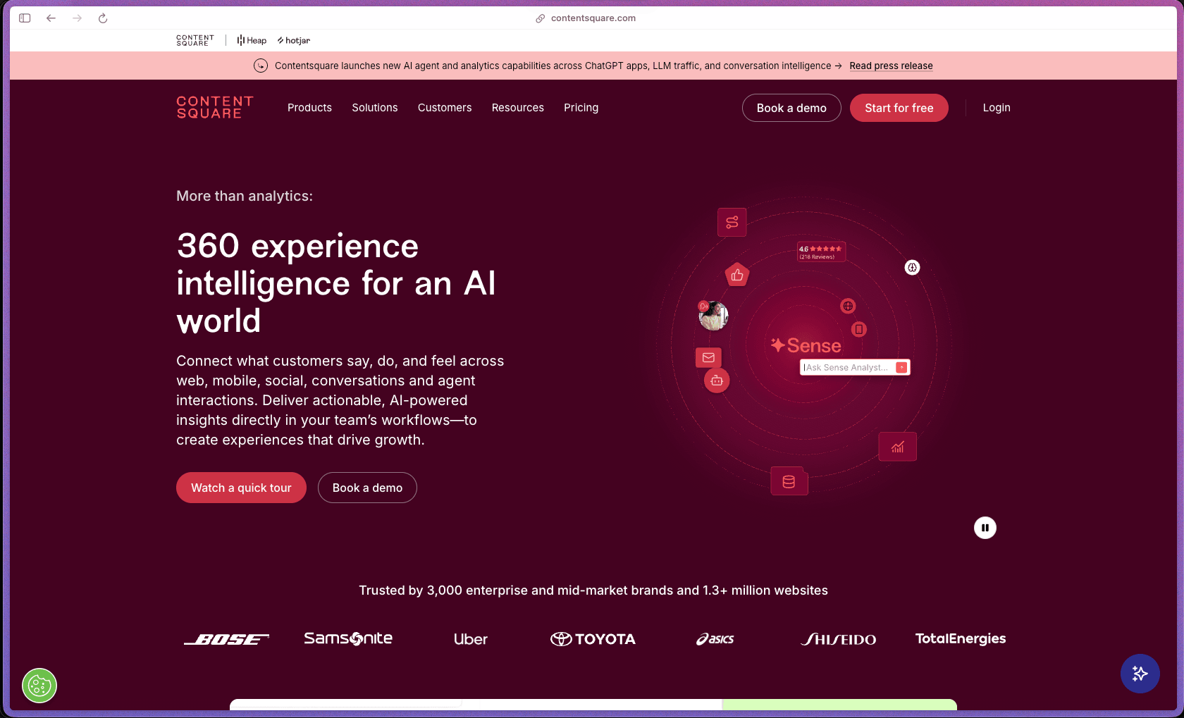 Contentsquare homepage at contentsquare.com showing an AI-powered digital experience analytics platform founded in Paris in 2012 (13+ years). Merged with Hotjar in 2024 — combined user base 1 million+ websites. Rated 4.4/5 on G2 from 2,074 verified reviews; G2 Leader in 10 enterprise categories (Winter 2023 Best Software Awards). Available on AWS Marketplace. Freemium pricing: Free (200K sessions/month, 1 project, 1 month data), Growth (from €49/month, 13-month data retention, journey analysis, automated insights), Pro (custom pricing, 1M+ sessions, 3 projects, retroactive filtering, multi-session replay summaries, 115+ integrations, revenue goals), Enterprise (custom, unlimited projects, dedicated support, SLAs, experience monitoring).