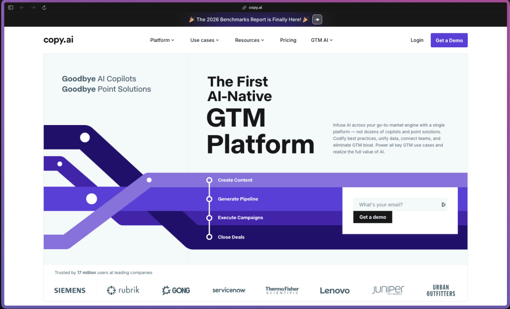 Copy.ai homepage at copy.ai showing a GTM AI platform for content generation, sales outreach, and marketing workflow automation. Features include 90+ content templates, free-text Chat interface, multi-step Workflows builder, Infobase brand knowledge storage, bulk workflow runs, AI model selection (OpenAI, Anthropic Claude, Google Gemini), ABM campaign content generation, cold email personalization, product description generation, blog post drafting, multi-language support, and API access. Free plan available. Paid plans include Starter, Advanced, and Enterprise tiers. 15 million+ reported users. Rated 4.9/5 on G2.