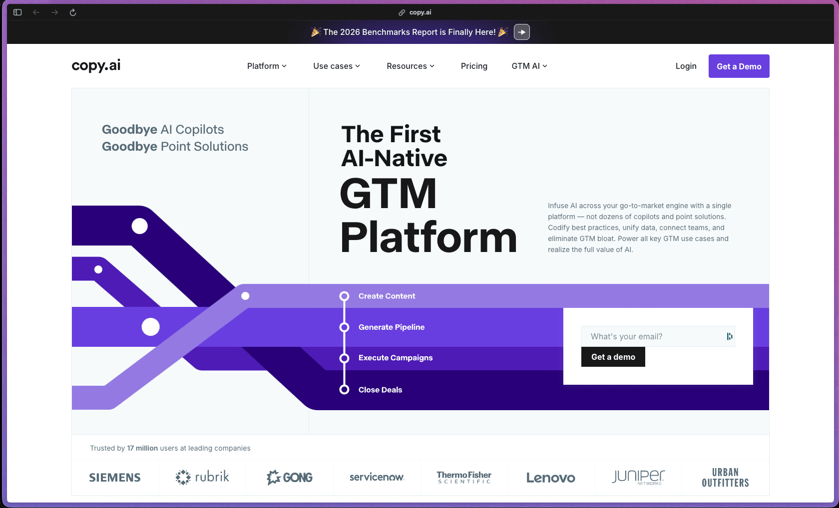 Copy.ai homepage at copy.ai showing a GTM AI platform for content generation, sales outreach, and marketing workflow automation. Features include 90+ content templates, free-text Chat interface, multi-step Workflows builder, Infobase brand knowledge storage, bulk workflow runs, AI model selection (OpenAI, Anthropic Claude, Google Gemini), ABM campaign content generation, cold email personalization, product description generation, blog post drafting, multi-language support, and API access. Free plan available. Paid plans include Starter, Advanced, and Enterprise tiers. 15 million+ reported users. Rated 4.9/5 on G2.