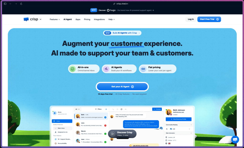 Crisp homepage at crisp.chat showing a multichannel AI customer support platform used by 250 million+ monthly active users. Features include a live chat widget, unified shared inbox for chat, email, WhatsApp, Messenger, Instagram, and Telegram, AI chatbot builder, smart replies (Magic Reply), conversation summaries, AI Copilot, knowledge base with in-widget search, video and audio calling, campaign messaging, MagicBrowse co-browsing, cart abandonment triggers, and 60+ integrations.