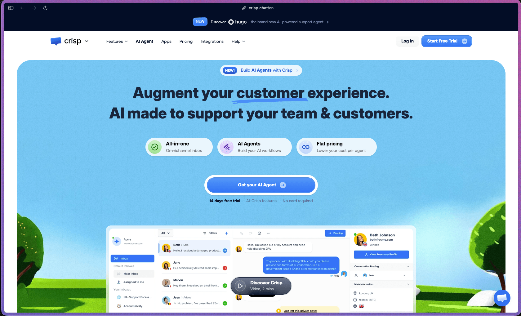 Crisp homepage at crisp.chat showing a multichannel AI customer support platform used by 250 million+ monthly active users. Features include a live chat widget, unified shared inbox for chat, email, WhatsApp, Messenger, Instagram, and Telegram, AI chatbot builder, smart replies (Magic Reply), conversation summaries, AI Copilot, knowledge base with in-widget search, video and audio calling, campaign messaging, MagicBrowse co-browsing, cart abandonment triggers, and 60+ integrations.