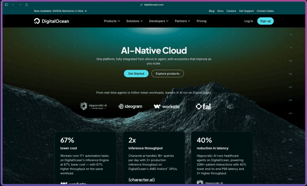 DigitalOcean homepage at digitalocean.com showing a cloud infrastructure and AI platform used by 650,000+ users across 20 data centers in 11 global regions. Services include Droplets (Linux cloud VMs in Shared CPU, General Purpose, CPU-Optimized, Memory Optimized, Storage Optimized, and GPU configurations), App Platform (PaaS from Git repositories), Managed Kubernetes (DOKS), Managed Databases (PostgreSQL, MySQL, Redis, MongoDB), Spaces Object Storage (S3-compatible) with CDN, Block Storage Volumes, Load Balancers, Serverless Functions, Container Registry, DNS management, VPC private networking, AI inference with GPU Droplets and Inference Router supporting DeepSeek, Llama, and Qwen.