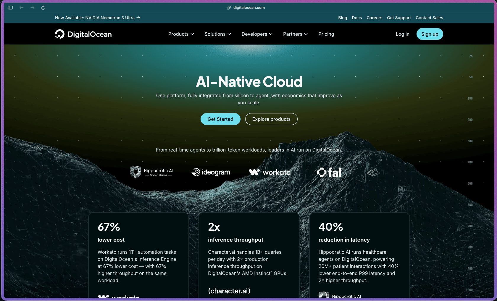 DigitalOcean homepage at digitalocean.com showing a cloud infrastructure and AI platform used by 650,000+ users across 20 data centers in 11 global regions. Services include Droplets (Linux cloud VMs in Shared CPU, General Purpose, CPU-Optimized, Memory Optimized, Storage Optimized, and GPU configurations), App Platform (PaaS from Git repositories), Managed Kubernetes (DOKS), Managed Databases (PostgreSQL, MySQL, Redis, MongoDB), Spaces Object Storage (S3-compatible) with CDN, Block Storage Volumes, Load Balancers, Serverless Functions, Container Registry, DNS management, VPC private networking, AI inference with GPU Droplets and Inference Router supporting DeepSeek, Llama, and Qwen.