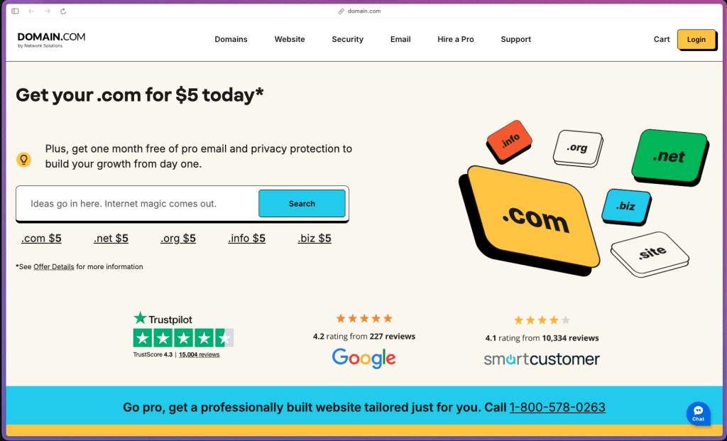 Domain.com homepage showing a domain registrar and web hosting platform for small businesses and bloggers. Services include domain name registration (200+ TLD extensions), shared web hosting with cPanel, WordPress hosting with pre-installed WordPress, W3 Total Cache, and Jetpack, WooCommerce e-commerce hosting with automatic WooCommerce installation, no transaction fees, and WooCommerce extension access, a drag-and-drop website builder with social media integration, professional business email at your own domain, SSL certificates included free for the life of the plan, SiteLock daily malware scanning, automatic daily backups with 1-click restore, staging environments on Deluxe and higher tiers, and SSH/SFTP on Developer and Pro plans.