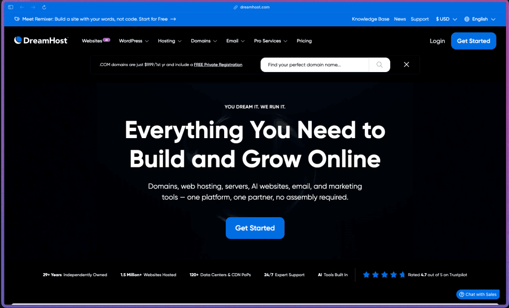 DreamHost homepage showing a web hosting and domain registration platform serving customers since 1997. Services include shared hosting (Launch, Growth, Scale) with unmetered bandwidth, NVMe SSD storage, and 100% uptime guarantee; managed WordPress hosting (DreamPress) with NGINX caching, daily automated backups, one-click staging environments, and automatic memory scaling; VPS hosting (Business to Premier tiers); DreamCompute OpenStack cloud compute; dedicated servers; DreamObjects S3-compatible object storage; domain registration across 400+ TLD extensions with free WHOIS privacy; business email hosting with 25GB storage per mailbox; free SSL certificates on all plans; Liftoff AI website builder; DreamHost WP Website Builder with 200+ starter templates; BunnyCDN integration; DreamShield security add-on; and DreamHost SEO Toolkit.