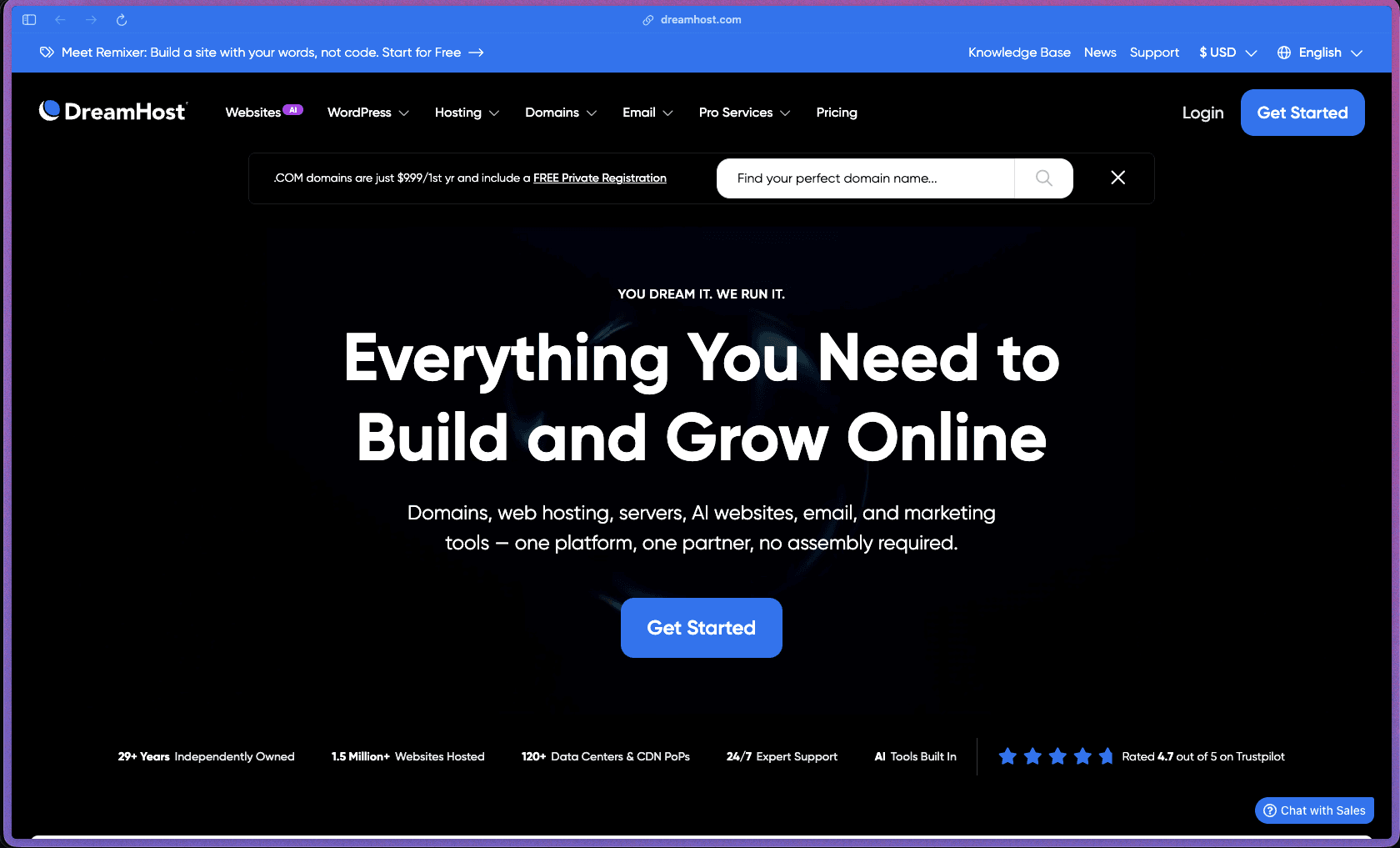 DreamHost homepage showing a web hosting and domain registration platform serving customers since 1997. Services include shared hosting (Launch, Growth, Scale) with unmetered bandwidth, NVMe SSD storage, and 100% uptime guarantee; managed WordPress hosting (DreamPress) with NGINX caching, daily automated backups, one-click staging environments, and automatic memory scaling; VPS hosting (Business to Premier tiers); DreamCompute OpenStack cloud compute; dedicated servers; DreamObjects S3-compatible object storage; domain registration across 400+ TLD extensions with free WHOIS privacy; business email hosting with 25GB storage per mailbox; free SSL certificates on all plans; Liftoff AI website builder; DreamHost WP Website Builder with 200+ starter templates; BunnyCDN integration; DreamShield security add-on; and DreamHost SEO Toolkit.