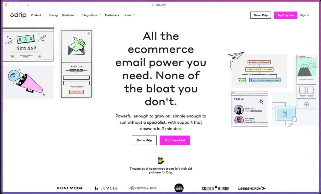 Drip homepage at drip.com showing an ecommerce email marketing and automation platform used by DTC brands and lean ecommerce teams. Features include drag-and-drop email builder with 50+ templates and live customer data personalization, visual multi-step workflow builder, dynamic behavior-based segmentation, onsite pop-ups and embedded forms with GDPR-friendly consent design, 20+ pre-built ecommerce workflow templates (welcome series, abandoned cart, abandoned browse, post-purchase, win-back), built-in ecommerce CRM with purchase history and predictive churn scoring, revenue attribution reporting, A/B testing, date-based workflow triggers, product price drop notifications, Facebook Custom Audiences sync, 200+ integrations including native Shopify and WooCommerce connections, open API with webhook support, sub-accounts for agencies, and custom fields.