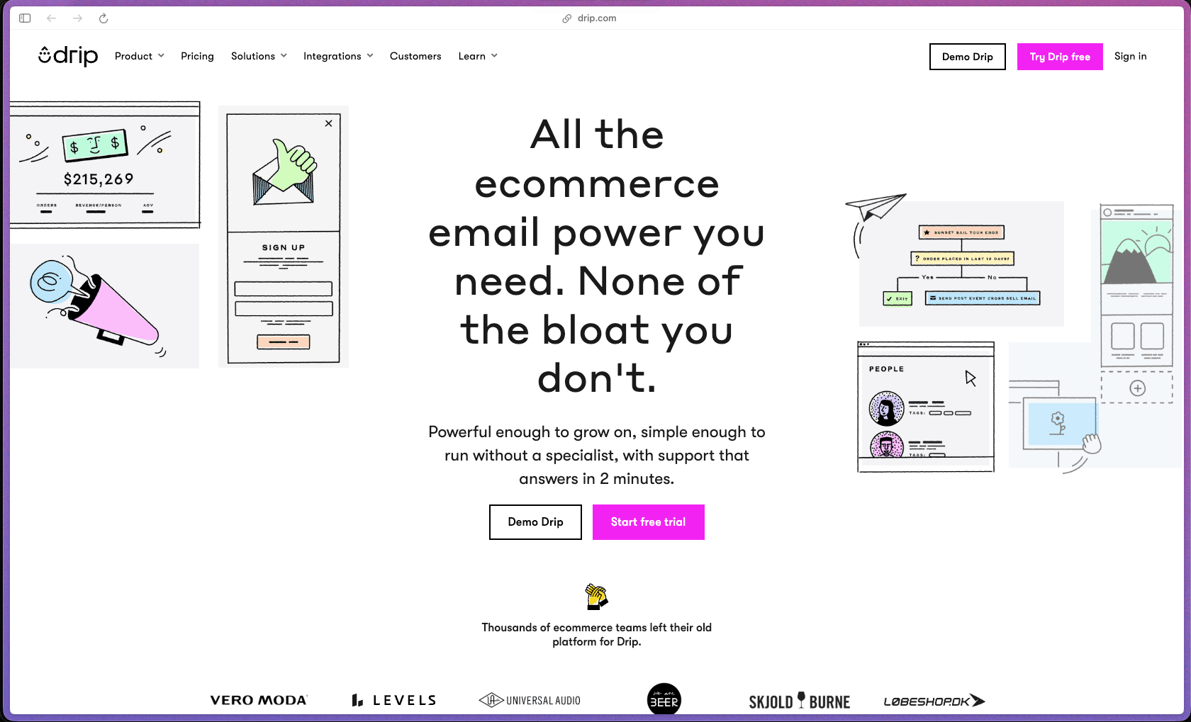 Drip homepage at drip.com showing an ecommerce email marketing and automation platform used by DTC brands and lean ecommerce teams. Features include drag-and-drop email builder with 50+ templates and live customer data personalization, visual multi-step workflow builder, dynamic behavior-based segmentation, onsite pop-ups and embedded forms with GDPR-friendly consent design, 20+ pre-built ecommerce workflow templates (welcome series, abandoned cart, abandoned browse, post-purchase, win-back), built-in ecommerce CRM with purchase history and predictive churn scoring, revenue attribution reporting, A/B testing, date-based workflow triggers, product price drop notifications, Facebook Custom Audiences sync, 200+ integrations including native Shopify and WooCommerce connections, open API with webhook support, sub-accounts for agencies, and custom fields.