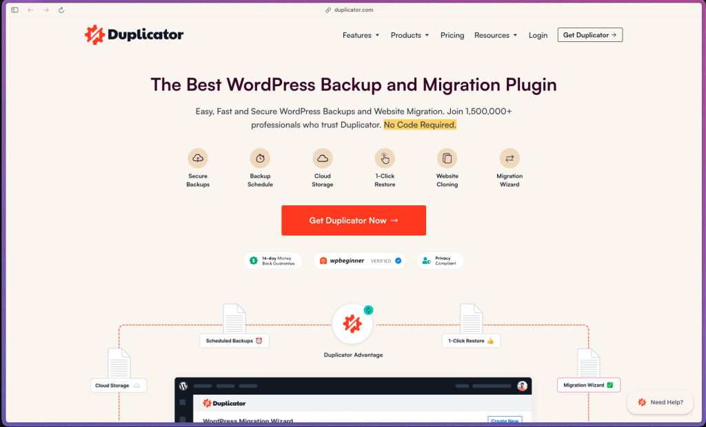 Duplicator Pro homepage at duplicator.com showing a WordPress backup and migration plugin trusted by 1.5 million+ active installations. Features include complete site packaging (files, database, plugins, themes) into a single portable archive, 1-click site migration with automatic URL and database search-and-replace, 1-click Recovery Points for instant rollback, scheduled automatic backups to Amazon S3, Google Drive, Dropbox, OneDrive, FTP, SFTP, and Wasabi, secure AES file encryption, server-to-server direct import, file and database table filters, WordPress Multisite support, package templates for repeated deployment, pre-configured WordPress site templates for new client builds, and installer file cleanup after deployment. Annual subscription pricing with tiered plans by site count.