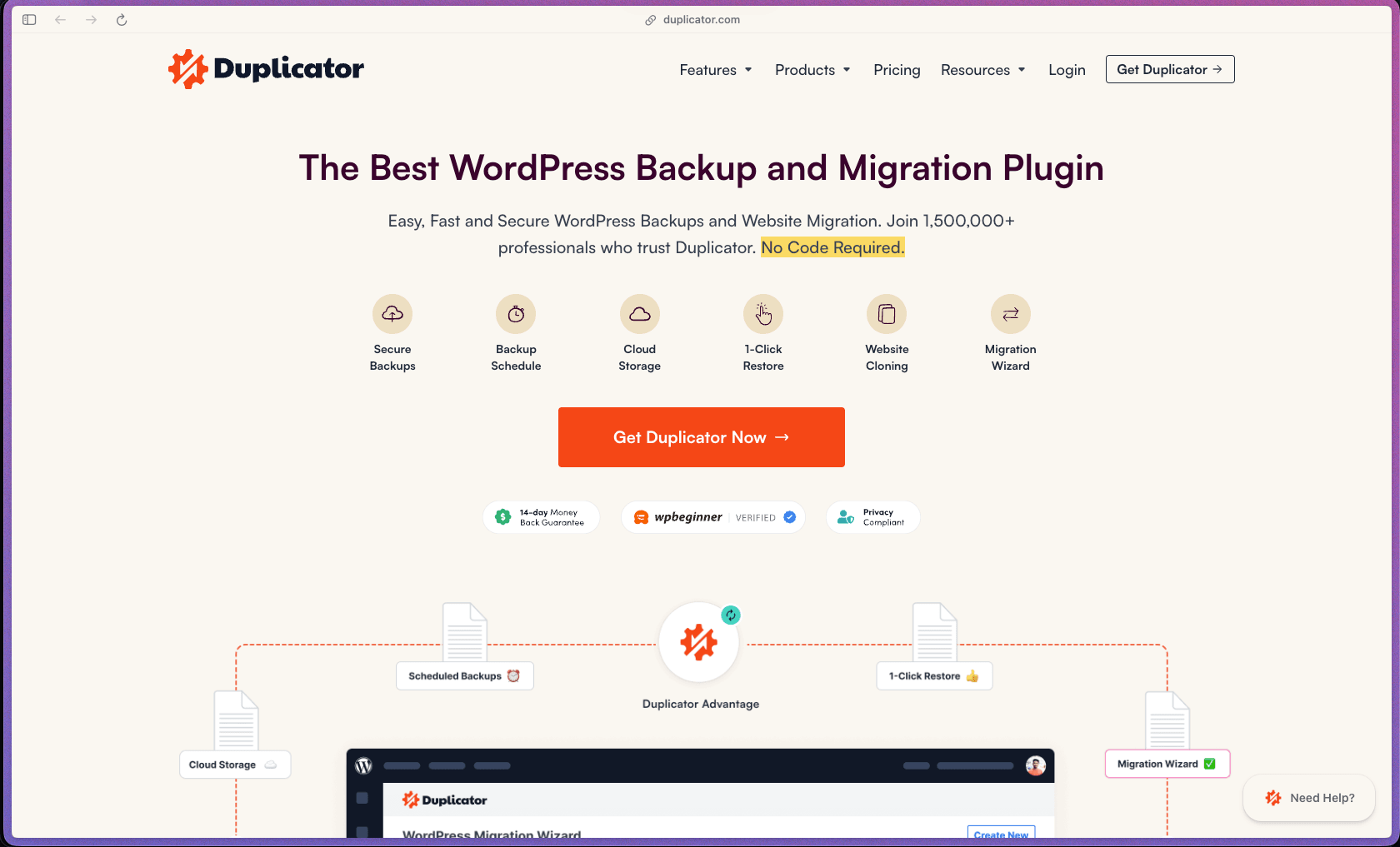 Duplicator Pro homepage at duplicator.com showing a WordPress backup and migration plugin trusted by 1.5 million+ active installations. Features include complete site packaging (files, database, plugins, themes) into a single portable archive, 1-click site migration with automatic URL and database search-and-replace, 1-click Recovery Points for instant rollback, scheduled automatic backups to Amazon S3, Google Drive, Dropbox, OneDrive, FTP, SFTP, and Wasabi, secure AES file encryption, server-to-server direct import, file and database table filters, WordPress Multisite support, package templates for repeated deployment, pre-configured WordPress site templates for new client builds, and installer file cleanup after deployment. Annual subscription pricing with tiered plans by site count.