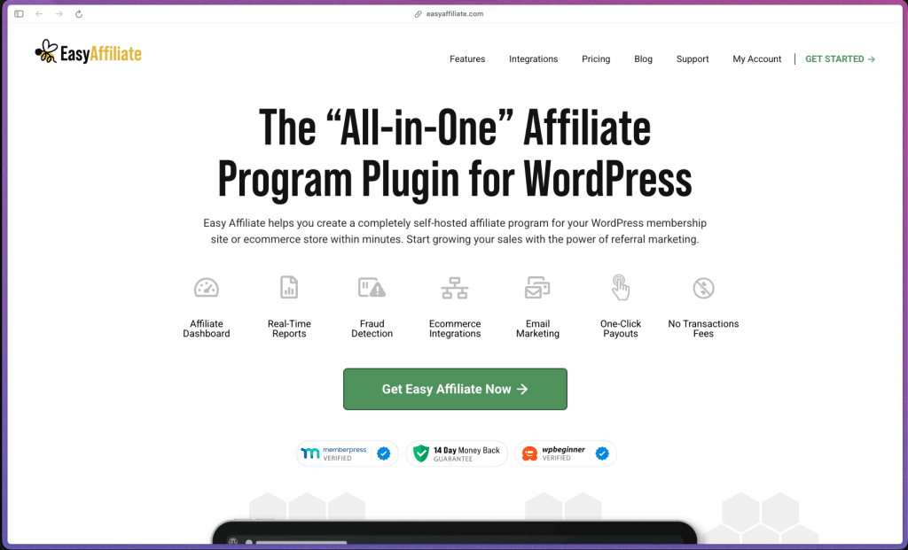 Easy Affiliate homepage at easyaffiliate.com showing a self-hosted WordPress affiliate program plugin for online stores and membership sites. Features include affiliate application and manual approval management, cookie-based referral tracking, multi-tier commission rate rules (global, per-affiliate, per-product), a self-service affiliate dashboard with stats and creative library, one-click PayPal batch payouts, automated fraud detection (self-referral blocking, suspicious pattern flagging), automated affiliate welcome emails and commission notifications, click and conversion tracking with IP logging, affiliate performance reporting, WooCommerce integration, MemberPress integration, Easy Digital Downloads integration, WPForms and Formidable Forms integration, WishList Member integration, and Zapier connectivity.