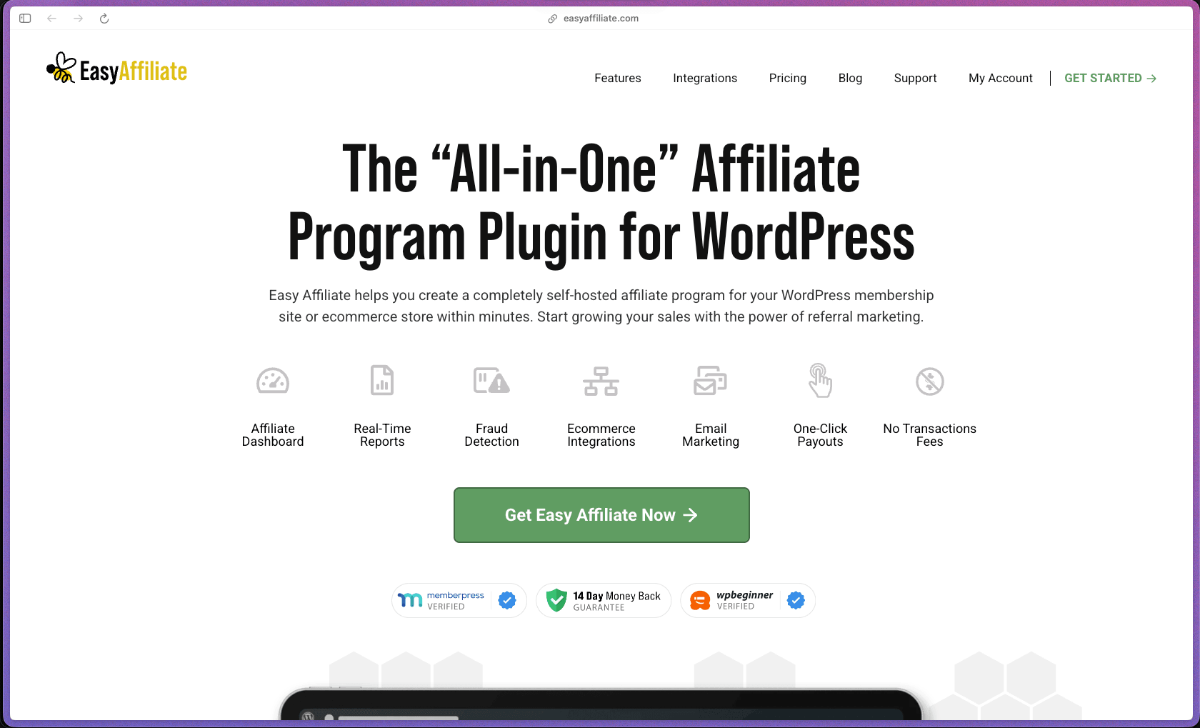 Easy Affiliate homepage at easyaffiliate.com showing a self-hosted WordPress affiliate program plugin for online stores and membership sites. Features include affiliate application and manual approval management, cookie-based referral tracking, multi-tier commission rate rules (global, per-affiliate, per-product), a self-service affiliate dashboard with stats and creative library, one-click PayPal batch payouts, automated fraud detection (self-referral blocking, suspicious pattern flagging), automated affiliate welcome emails and commission notifications, click and conversion tracking with IP logging, affiliate performance reporting, WooCommerce integration, MemberPress integration, Easy Digital Downloads integration, WPForms and Formidable Forms integration, WishList Member integration, and Zapier connectivity.