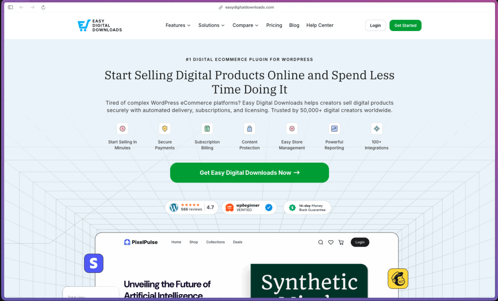 Easy Digital Downloads homepage at easydigitaldownloads.com showing a WordPress e-commerce plugin for selling digital products. Features include a built-in shopping cart with guest and registered checkout, automatic secure file delivery with download link expiration and count limits, free built-in Stripe (with Apple Pay and Google Pay) and PayPal payment processing, recurring subscription billing (daily, weekly, monthly, quarterly, semi-annual, annual), software licensing with key generation, activation limits, and update delivery, variable pricing tiers per product, customizable discount codes, customer management with lifetime value tracking, file download logs, detailed sales reporting, order management dashboard, 200+ official extensions (cross-sell, upsell, purchase rewards, multi-currency, reviews, bundle products), EDD Gutenberg blocks, AffiliateWP native integration, and email marketing connections for Mailchimp, ConvertKit, and ActiveCampaign.