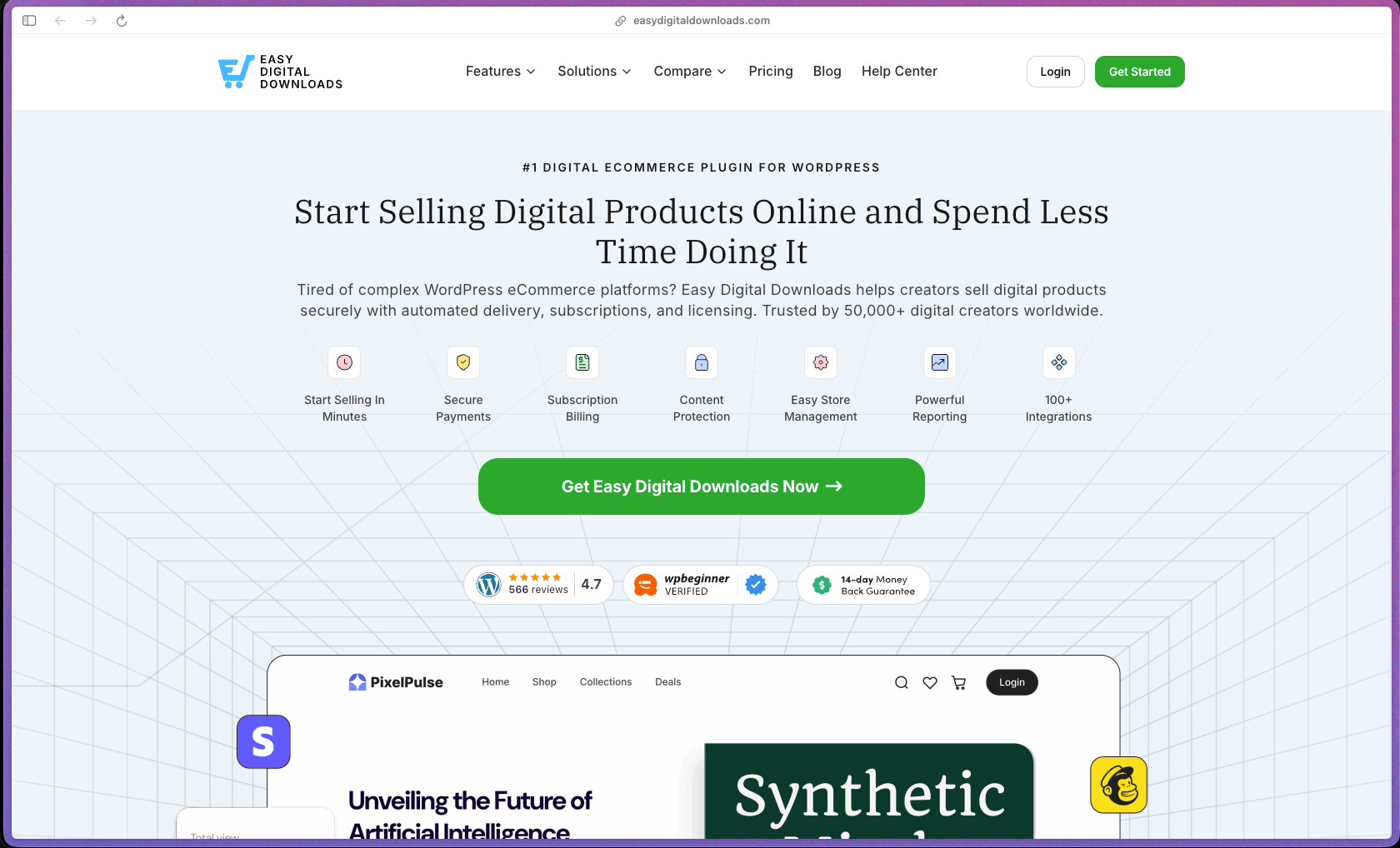 Easy Digital Downloads homepage at easydigitaldownloads.com showing a WordPress e-commerce plugin for selling digital products. Features include a built-in shopping cart with guest and registered checkout, automatic secure file delivery with download link expiration and count limits, free built-in Stripe (with Apple Pay and Google Pay) and PayPal payment processing, recurring subscription billing (daily, weekly, monthly, quarterly, semi-annual, annual), software licensing with key generation, activation limits, and update delivery, variable pricing tiers per product, customizable discount codes, customer management with lifetime value tracking, file download logs, detailed sales reporting, order management dashboard, 200+ official extensions (cross-sell, upsell, purchase rewards, multi-currency, reviews, bundle products), EDD Gutenberg blocks, AffiliateWP native integration, and email marketing connections for Mailchimp, ConvertKit, and ActiveCampaign.