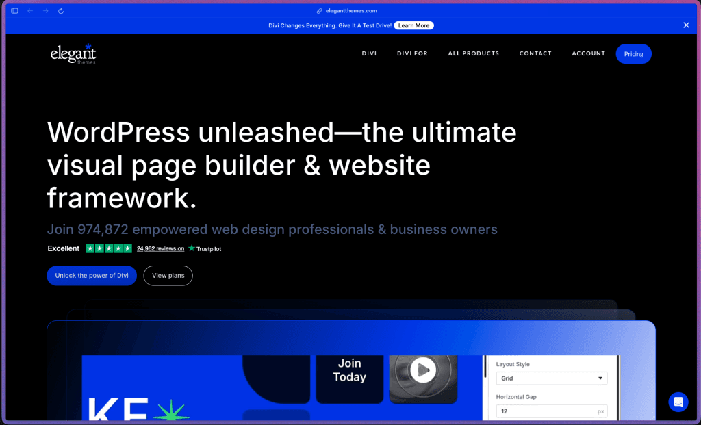 Elegant Themes homepage at elegantthemes.com showing a WordPress theme and plugin membership used by 974,000+ customers. Products include Divi visual drag-and-drop page builder with front-end editing, Divi Theme Builder for custom headers, footers, and archive templates, 200+ pre-built layout packs, built-in A/B split testing with Divi Leads, global elements, responsive editing, WooCommerce template builder, Divi Cloud cross-site design library, Extra magazine theme, Bloom email opt-in plugin (with Mailchimp, ConvertKit, ActiveCampaign integration), and Monarch social sharing plugin. Annual and lifetime membership tiers available, both for unlimited websites.