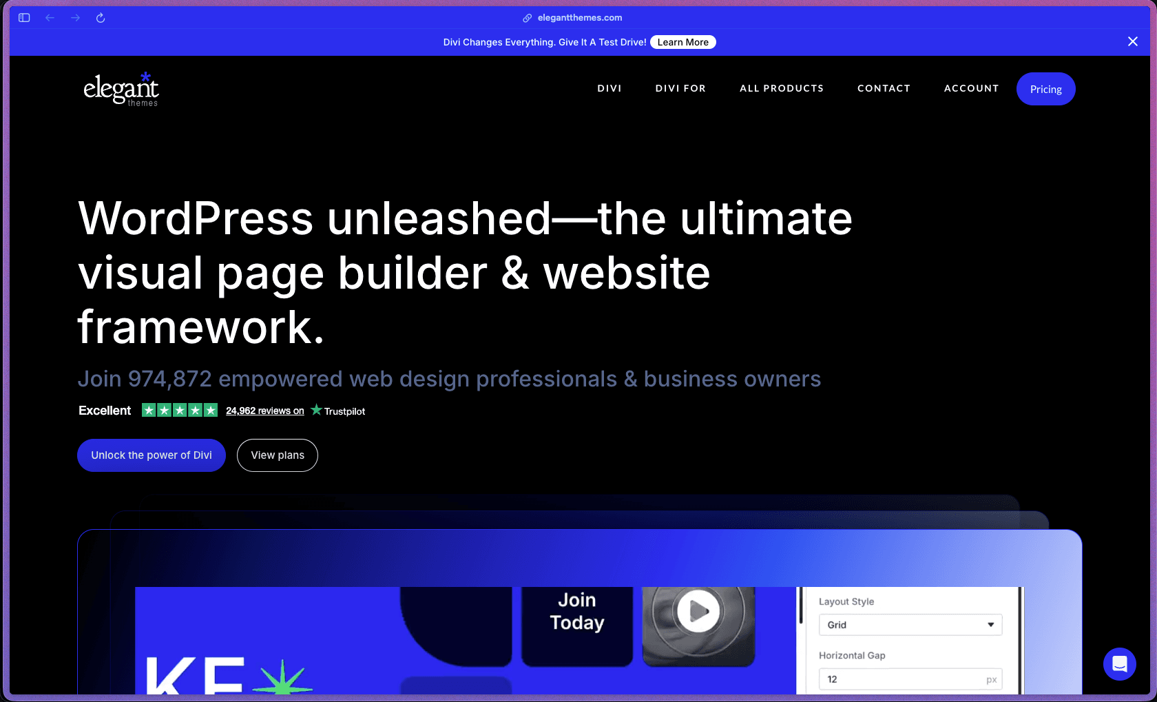 Elegant Themes homepage at elegantthemes.com showing a WordPress theme and plugin membership used by 974,000+ customers. Products include Divi visual drag-and-drop page builder with front-end editing, Divi Theme Builder for custom headers, footers, and archive templates, 200+ pre-built layout packs, built-in A/B split testing with Divi Leads, global elements, responsive editing, WooCommerce template builder, Divi Cloud cross-site design library, Extra magazine theme, Bloom email opt-in plugin (with Mailchimp, ConvertKit, ActiveCampaign integration), and Monarch social sharing plugin. Annual and lifetime membership tiers available, both for unlimited websites.