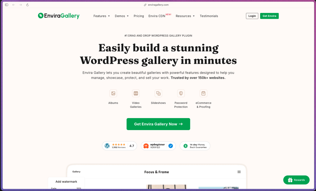 Envira Gallery homepage at enviragallery.com showing a WordPress photo and video gallery plugin used by 3 million+ professionals. Features include drag-and-drop gallery builder, multiple gallery layouts (grid, masonry, justified grid), full-screen lightbox with keyboard navigation, lazy loading for fast page performance, video gallery support, albums for organizing multiple galleries, slideshow mode, EXIF data display, pagination for large galleries, WooCommerce photo sales integration, Elementor and Beaver Builder compatibility, Gutenberg block support, automatic image watermarking, password-protected client proofing galleries, Instagram image import, social sharing buttons (Facebook, Twitter, Pinterest, LinkedIn, WhatsApp), NextGEN Gallery importer, customizable gallery templates, per-image caption and alt text fields, custom CSS per gallery, and deep linking for individual lightbox images.