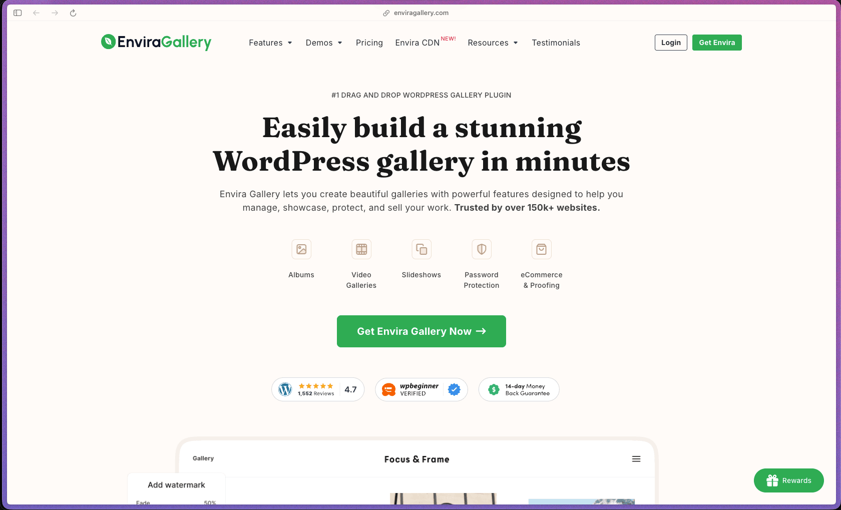 Envira Gallery homepage at enviragallery.com showing a WordPress photo and video gallery plugin used by 3 million+ professionals. Features include drag-and-drop gallery builder, multiple gallery layouts (grid, masonry, justified grid), full-screen lightbox with keyboard navigation, lazy loading for fast page performance, video gallery support, albums for organizing multiple galleries, slideshow mode, EXIF data display, pagination for large galleries, WooCommerce photo sales integration, Elementor and Beaver Builder compatibility, Gutenberg block support, automatic image watermarking, password-protected client proofing galleries, Instagram image import, social sharing buttons (Facebook, Twitter, Pinterest, LinkedIn, WhatsApp), NextGEN Gallery importer, customizable gallery templates, per-image caption and alt text fields, custom CSS per gallery, and deep linking for individual lightbox images.