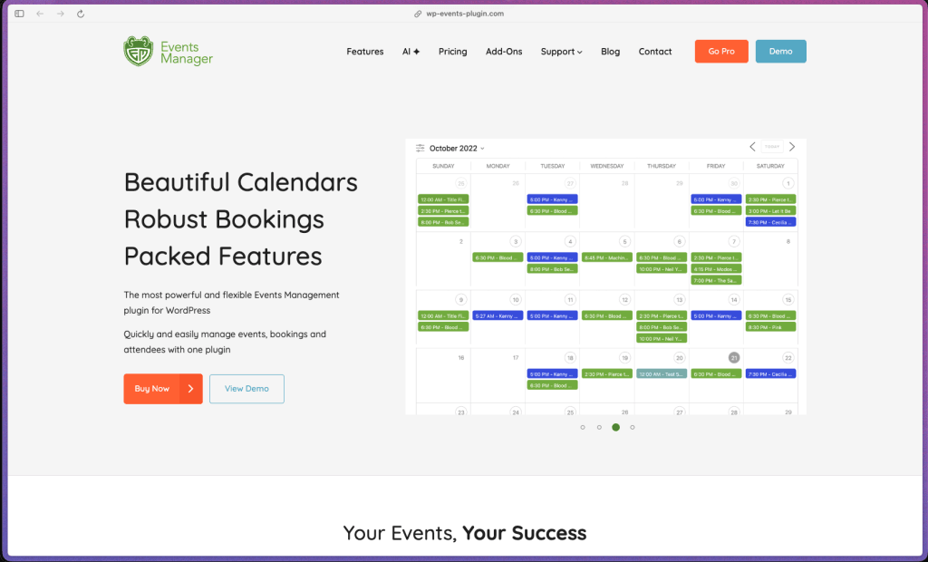 Events Manager homepage at wp-events-plugin.com showing a WordPress event management plugin with 70,000+ active installations. Features include one-time and recurring event creation, responsive calendar, grid, list, and map-based event display, multiple ticket types with per-ticket capacity and pricing, waitlist management, guest bookings, QR code check-in with mobile scanning, PDF ticket and invoice generation, front-end event submission with permission controls, location and venue management with Google Maps display, Zoom Meetings and Webinars integration, PayPal (Express and Advanced), Stripe (Checkout and Elements), and Authorize.net payment gateways, WooCommerce integration (sold separately), automated booking confirmation and reminder emails (event-specific and gateway-specific templates), RSVP automated policies, cancellation cut-off times, SMS, WhatsApp, and Telegram messaging, Zapier and Microsoft Power Automate integration, coupons and discount manager, custom booking forms with per-attendee fields, custom event fields, placeholder-based template customization, BuddyPress group support, Google Calendar and Meetup.com import/export, iCal/CSV/Google Sheets export, automation trigger system, reCAPTCHA spam protection, and submission throttling.