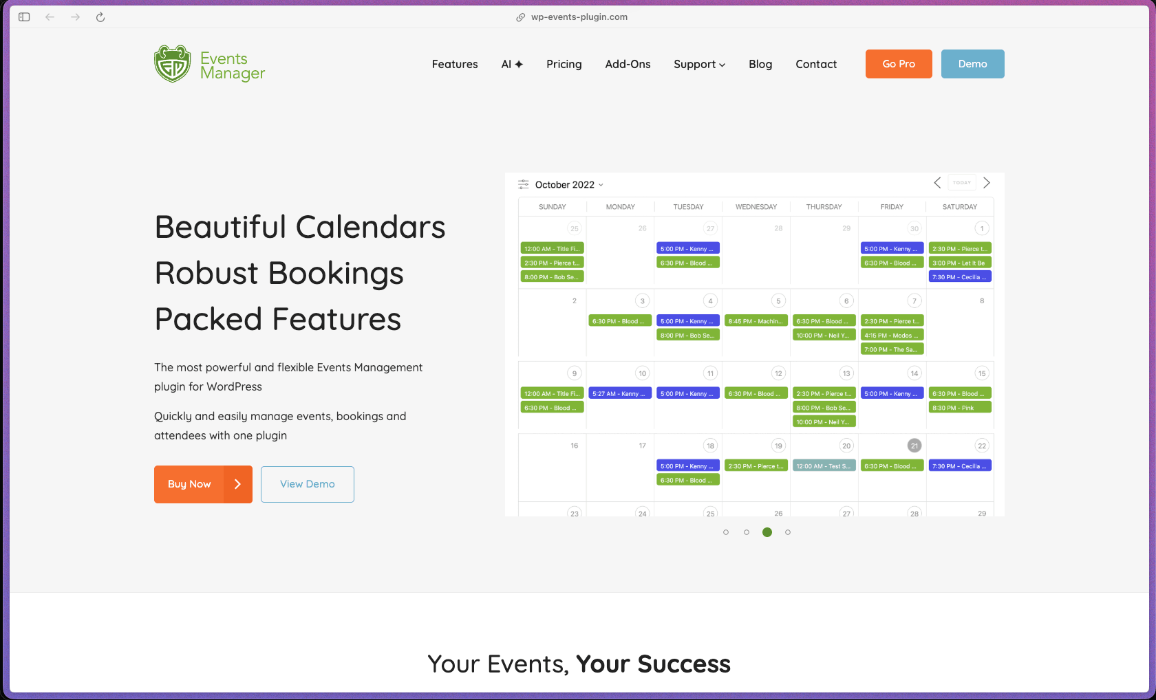 Events Manager homepage at wp-events-plugin.com showing a WordPress event management plugin with 70,000+ active installations. Features include one-time and recurring event creation, responsive calendar, grid, list, and map-based event display, multiple ticket types with per-ticket capacity and pricing, waitlist management, guest bookings, QR code check-in with mobile scanning, PDF ticket and invoice generation, front-end event submission with permission controls, location and venue management with Google Maps display, Zoom Meetings and Webinars integration, PayPal (Express and Advanced), Stripe (Checkout and Elements), and Authorize.net payment gateways, WooCommerce integration (sold separately), automated booking confirmation and reminder emails (event-specific and gateway-specific templates), RSVP automated policies, cancellation cut-off times, SMS, WhatsApp, and Telegram messaging, Zapier and Microsoft Power Automate integration, coupons and discount manager, custom booking forms with per-attendee fields, custom event fields, placeholder-based template customization, BuddyPress group support, Google Calendar and Meetup.com import/export, iCal/CSV/Google Sheets export, automation trigger system, reCAPTCHA spam protection, and submission throttling.