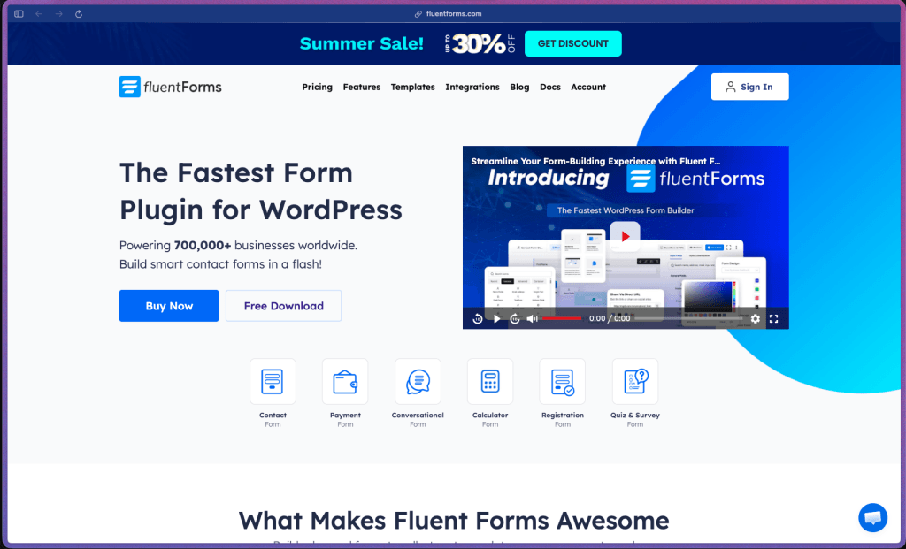 Fluent Forms homepage at fluentforms.com showing a WordPress form builder plugin with 700,000+ active installations and a 4.8/5 rating from 747 WordPress.org reviews. Features include drag-and-drop form builder with 55+ field types, conversational forms (typeform-style), multi-step forms with progress indicator, conditional logic, numeric calculation fields, form scheduling, inventory/quantity limits, save and resume, PDF generation (invoice, report, and general templates), digital signature capture, quiz and survey mode with automatic scoring, visual entry reports (bar and pie charts), conversion rate tracking, user registration forms with WordPress role assignment, custom post type creation from submissions, file and image uploads with image cropping, advanced form styler (Pro), reusable default style templates, multi-column layouts, custom CSS/JavaScript injection per form, dynamic merge tags, conditional email notifications, post-submission multi-action chaining, webhook support, Stripe and PayPal payment processing (one-time and subscriptions), Mollie, Square, Google Sheets logging, Slack notifications, Twilio SMS, Zoom registration, Zapier, FluentCRM, Mailchimp, ActiveCampaign, ConvertKit, MailerLite, HubSpot (v3 API), GetResponse, Drip, Brevo, AffiliateWP, BuddyBoss, and WPML multilingual support.