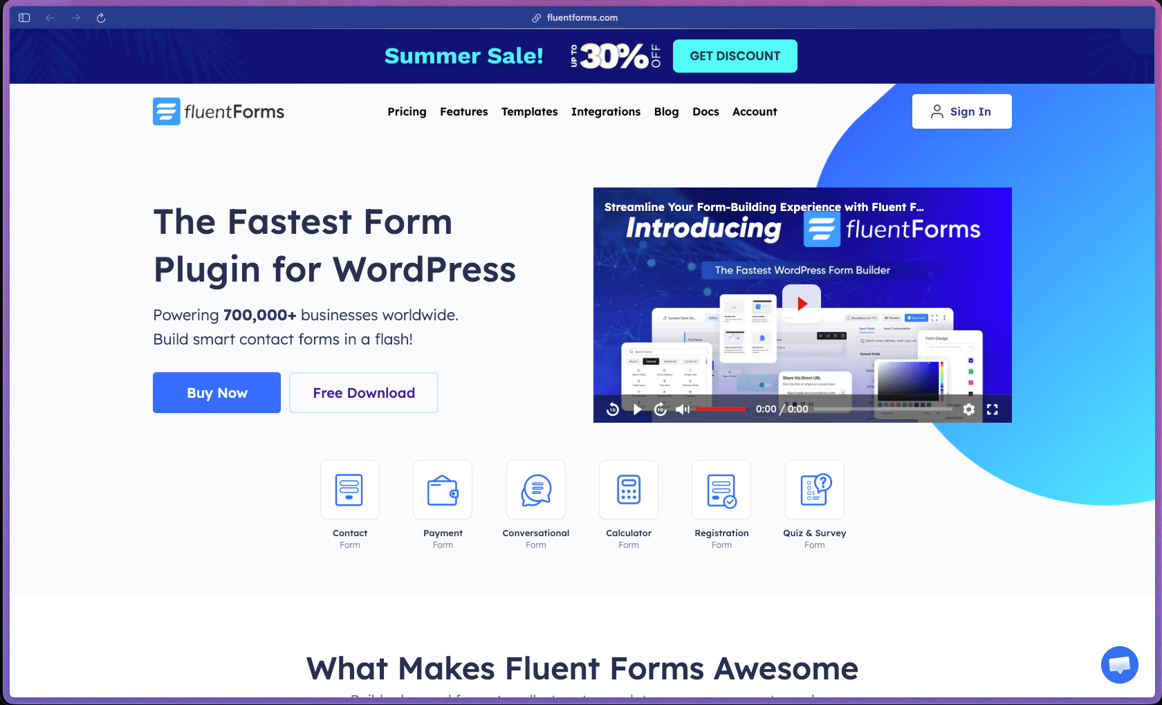 Fluent Forms homepage at fluentforms.com showing a WordPress form builder plugin with 700,000+ active installations and a 4.8/5 rating from 747 WordPress.org reviews. Features include drag-and-drop form builder with 55+ field types, conversational forms (typeform-style), multi-step forms with progress indicator, conditional logic, numeric calculation fields, form scheduling, inventory/quantity limits, save and resume, PDF generation (invoice, report, and general templates), digital signature capture, quiz and survey mode with automatic scoring, visual entry reports (bar and pie charts), conversion rate tracking, user registration forms with WordPress role assignment, custom post type creation from submissions, file and image uploads with image cropping, advanced form styler (Pro), reusable default style templates, multi-column layouts, custom CSS/JavaScript injection per form, dynamic merge tags, conditional email notifications, post-submission multi-action chaining, webhook support, Stripe and PayPal payment processing (one-time and subscriptions), Mollie, Square, Google Sheets logging, Slack notifications, Twilio SMS, Zoom registration, Zapier, FluentCRM, Mailchimp, ActiveCampaign, ConvertKit, MailerLite, HubSpot (v3 API), GetResponse, Drip, Brevo, AffiliateWP, BuddyBoss, and WPML multilingual support.