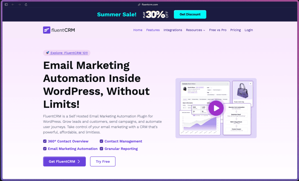 FluentCRM homepage at fluentcrm.com showing a self-hosted WordPress CRM and email marketing automation plugin used by 60,000+ businesses. Features include 360° contact view with full purchase, email, and course activity history, email campaign management with open/click/revenue reporting, visual automation funnel builder with conditional branching and goal benchmarks, email drip sequences, advanced segmentation with lists and tags, dynamic merge tags, smart links for behavioral tagging, lead scoring, double opt-in, A/B subject line testing, GDPR compliance tools, conditional email content blocks, WooCommerce purchase-triggered automation, Easy Digital Downloads integration, LearnDash and LifterLMS course enrollment triggers, Fluent Forms integration, AffiliateWP integration, MemberPress and Paid Memberships Pro membership lifecycle automation, WPFusion compatibility bridge, webhook support, full REST API with 200+ developer hooks, Vue 3 admin frontend, custom database tables (no WordPress database bloat), and company record management. Open-core model—free version on WordPress.org, Pro plans on annual subscription by site count.