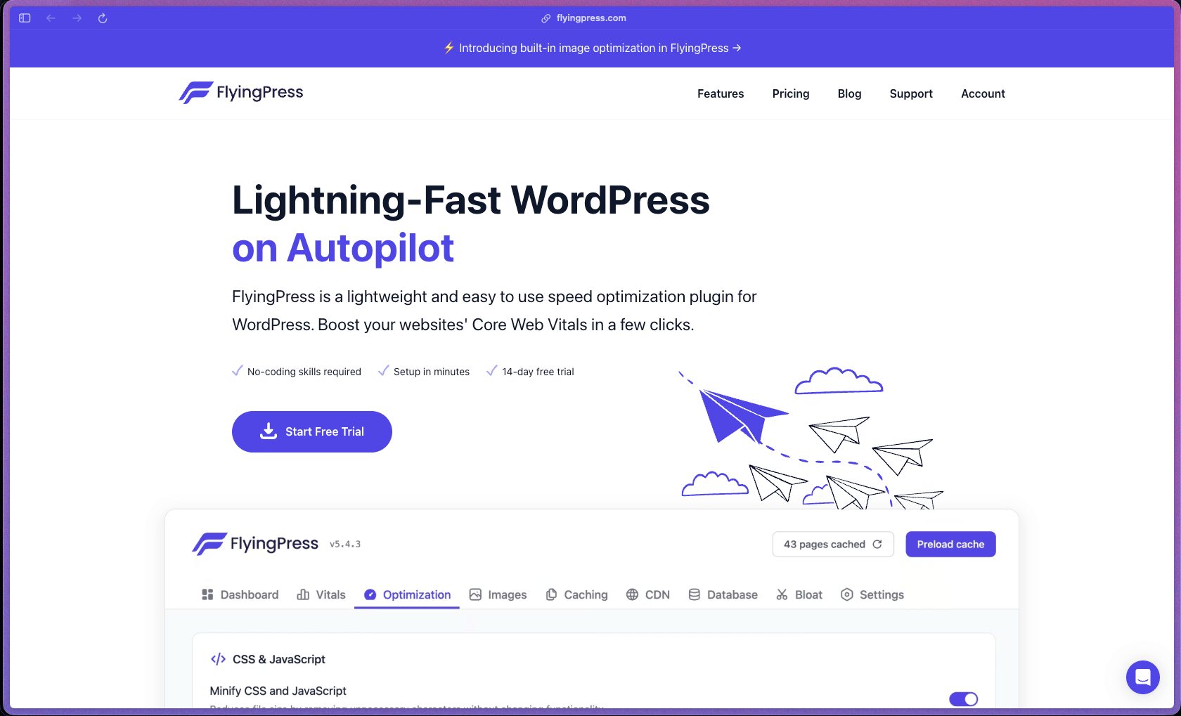 FlyingPress homepage at flyingpress.com showing a WordPress speed optimization plugin covering page caching with automatic preloading, unused CSS removal (critical CSS generation via cloud servers), script delay on user interaction, script deferral, CSS and JavaScript minification, lazy loading for images/videos/iFrames/HTML elements, image optimization to AVIF and WebP via cloud servers, Core Web Vitals tracking (TTFB, LCP, INP, CLS from real users), Cloudflare CDN integration without APO subscription, link preloading, Google Fonts self-hosting and optimization, layout shift reduction (missing width/height attributes), database cleanup with scheduled automation, caching for logged-in users, query string caching, per-cookie cache bypass rules, per-URL cache exclusion, selective script delay, stylesheet exclusion from unused CSS removal, Redis Object Cache support, and import/export settings for agency multi-site deployment. Optional FlyingCDN for edge-node CSS/JS delivery.