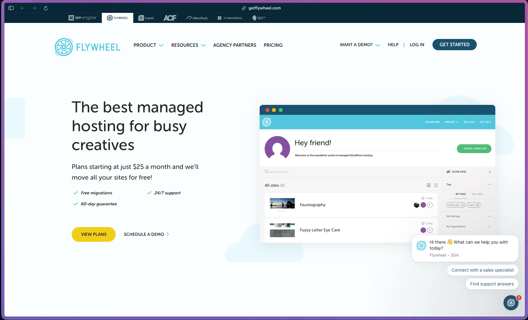 Flywheel homepage at getflywheel.com showing a managed WordPress hosting platform used by 70,000+ creatives, rated 4.4/5 on Trustpilot and 4.5/5 on G2. Features include WordPress-only managed hosting on Google Cloud Platform, VPS infrastructure (no shared hosting), server-side FlyCache NGINX caching, 7 global data center locations, one-click staging sites on all plans, free website migrations (unlimited sites), site cloning for rapid project starts, client billing transfer from agency to client dashboard, team collaboration without shared password access, free nightly off-site backups with one-click restore, free SSL via Let's Encrypt (auto-renewed), plugin security alerts via email, free malware cleanup, built-in site stats, SSH Gateway with single-login SFTP for all sites, access/error/slow query log access, optional CDN integration, Google Analytics dashboard integration, Performance Insights add-on, plugin updates as a managed service add-on, demo sites (14-day free hosting before subscribing), and no cPanel (custom purpose-built dashboard).