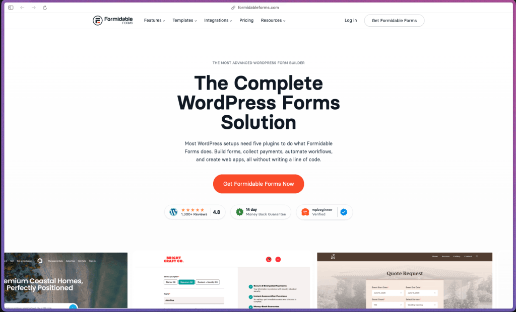 Formidable Forms homepage at formidableforms.com showing a WordPress form builder plugin with 300,000+ active installations and a 4.8/5 rating from 1,352 WordPress.org reviews. Features include drag-and-drop form builder with 100+ field types, calculated fields for instant pricing and quote tools, date calculator fields, multi-step forms with progress bars, conditional logic with nested AND/OR conditions, repeating field groups, conversational form mode, form abandonment tracking with automatic follow-up email, quiz and survey forms with scoring, user registration forms with role assignment, front-end entry editing, Formidable Views (searchable directories, data tables, calendar layouts, chart blocks for Gutenberg), PDF generation in Views (certificates, invoices, confirmations), AI form field (GPT-powered text generation in forms), digital signature capture (add-on), Stripe (subscriptions, bank transfers, digital wallets), PayPal, Square, and Authorize.net payment processing, PCI-compliant payment handling, Mailchimp/HubSpot/Salesforce/ActiveCampaign/Zapier and 30+ integrations, Google Sheets logging, API/webhook support, conditional email notifications, multi-action post-submission chains, dynamic field prefill, Formidable Styler with style templates, multi-column layouts, GDPR consent fields, Google reCAPTCHA/hCaptcha/honeypot spam protection, and local data storage on WordPress server.