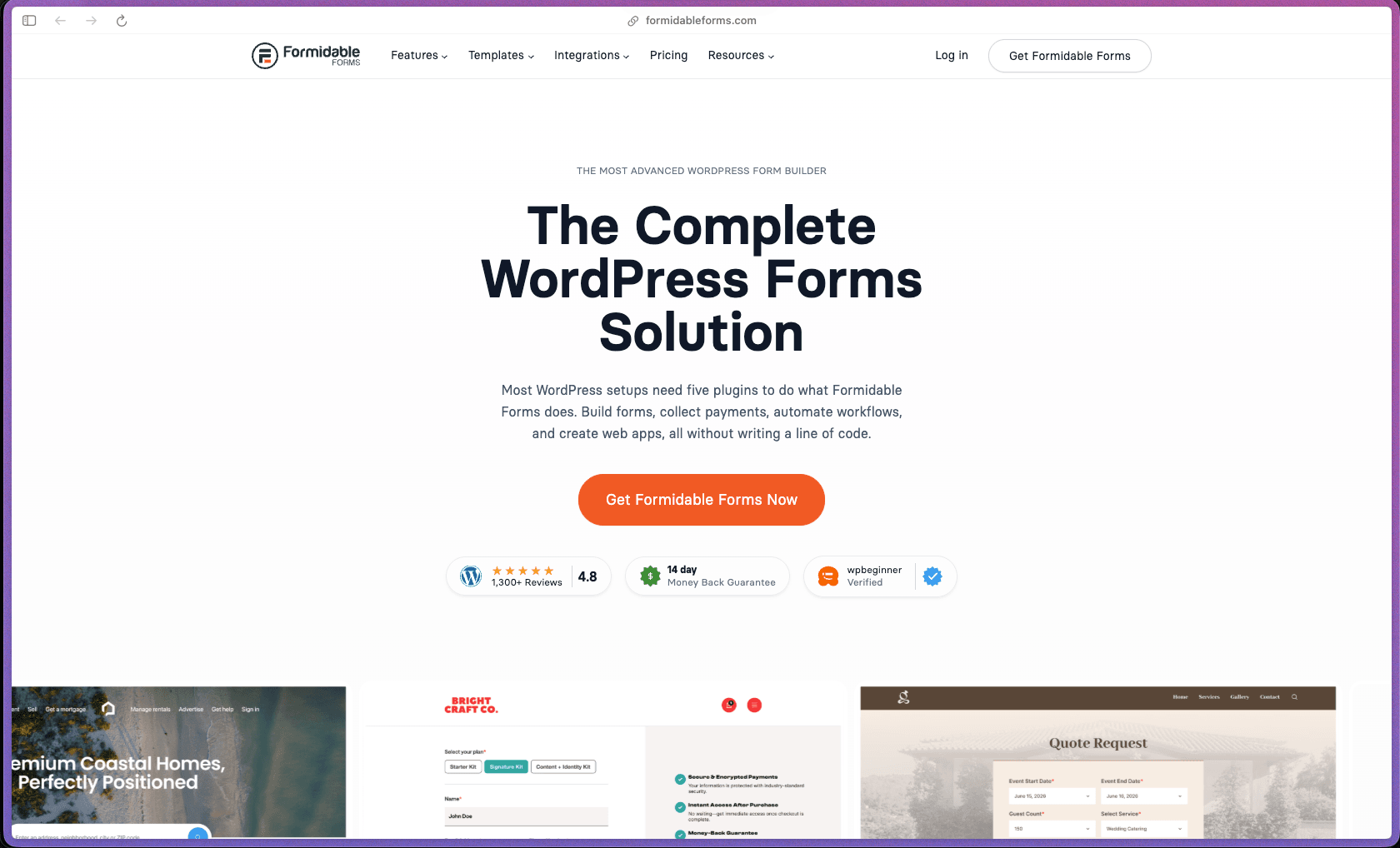 Formidable Forms homepage at formidableforms.com showing a WordPress form builder plugin with 300,000+ active installations and a 4.8/5 rating from 1,352 WordPress.org reviews. Features include drag-and-drop form builder with 100+ field types, calculated fields for instant pricing and quote tools, date calculator fields, multi-step forms with progress bars, conditional logic with nested AND/OR conditions, repeating field groups, conversational form mode, form abandonment tracking with automatic follow-up email, quiz and survey forms with scoring, user registration forms with role assignment, front-end entry editing, Formidable Views (searchable directories, data tables, calendar layouts, chart blocks for Gutenberg), PDF generation in Views (certificates, invoices, confirmations), AI form field (GPT-powered text generation in forms), digital signature capture (add-on), Stripe (subscriptions, bank transfers, digital wallets), PayPal, Square, and Authorize.net payment processing, PCI-compliant payment handling, Mailchimp/HubSpot/Salesforce/ActiveCampaign/Zapier and 30+ integrations, Google Sheets logging, API/webhook support, conditional email notifications, multi-action post-submission chains, dynamic field prefill, Formidable Styler with style templates, multi-column layouts, GDPR consent fields, Google reCAPTCHA/hCaptcha/honeypot spam protection, and local data storage on WordPress server.