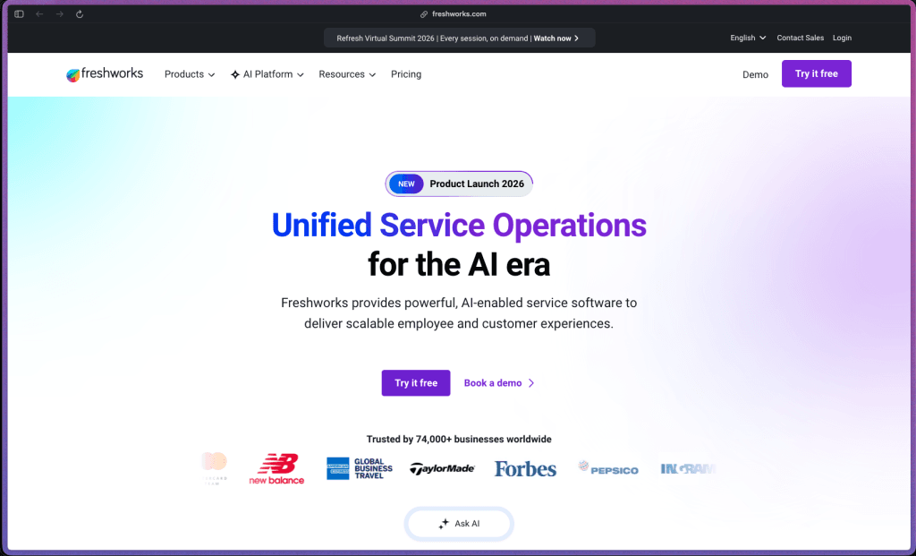 Freshworks homepage at freshworks.com showing the Freshdesk cloud helpdesk platform—part of the Freshworks multi-product suite. Freshdesk is used by 100,000+ companies including Bridgestone, New Balance, S&P Global, and Sony Music. Rated 4.5/5 across 8,728 G2 reviews (Freshworks-wide); Freshdesk alone has 3,744+ G2 reviews. Features include unified multichannel ticket inbox (email, phone, chat, social, WhatsApp, web portal), SLA policy configuration with automatic escalation, shared inbox with collision detection, knowledge base and self-service portal, canned responses, ticket routing automation, scenario automation, time-triggered automation, AI-assisted reply suggestions (Freshdesk Omni), auto-responders, CSAT surveys, ticket volume and trend reports, agent performance metrics, Freshdesk Analytics (custom reports), custom ticket fields and views, multi-language portal, custom email domain, custom roles and permissions, SSO (SAML 2.0, Google Workspace, Microsoft Entra ID), IP whitelisting, GDPR DPAs and data residency options, audit logs, REST API (Freshworks Development Kit), 150+ marketplace integrations (Salesforce, HubSpot, Slack, Jira, Shopify, WooCommerce, Zapier, Zoom), and native integration with Freshchat, Freshcaller, Freshsales, and Freshservice.
