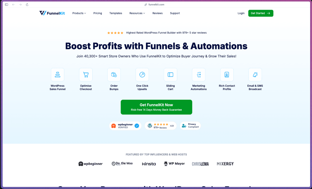 FunnelKit homepage at funnelkit.com showing a WooCommerce sales funnel builder plugin rated 4.9/5 on WordPress.org from 400+ reviews, used by 30,000+ stores. Features include drag-and-drop checkout page builder (single-step and multi-step), express checkout (Apple Pay, Google Pay), Google address autocomplete, conditional checkout fields and custom field editor, order bumps with conditional display and multiple bump support, post-purchase one-click upsells and downsells with rule-based dynamic offer routing, dynamic slide cart with in-cart product recommendations and milestone-based rewards (free shipping, gifts, discounts), opt-in funnel pages, sales page builder, thank you page builder (conditional), store checkout replacement, conversion pixel tracking (Facebook/Meta, Google, TikTok), A/B testing for all funnel pages, funnel conversion and revenue analytics, global analytics dashboard, FunnelKit Automations engine (Professional tier) with visual automation canvas, conditional branching, smart delays, 30+ prebuilt automation templates, abandoned cart recovery (email and SMS), post-purchase follow-up, win-back campaigns, broadcast email and SMS, custom transactional emails with drag-and-drop email builder, 360° contact profiles, audience segmentation, lists and custom fields, unlimited contacts, revenue tracking, activity logs, 60+ integrations (Zapier, webhooks, OptinMonster), and self-hosted data storage in WordPress database.