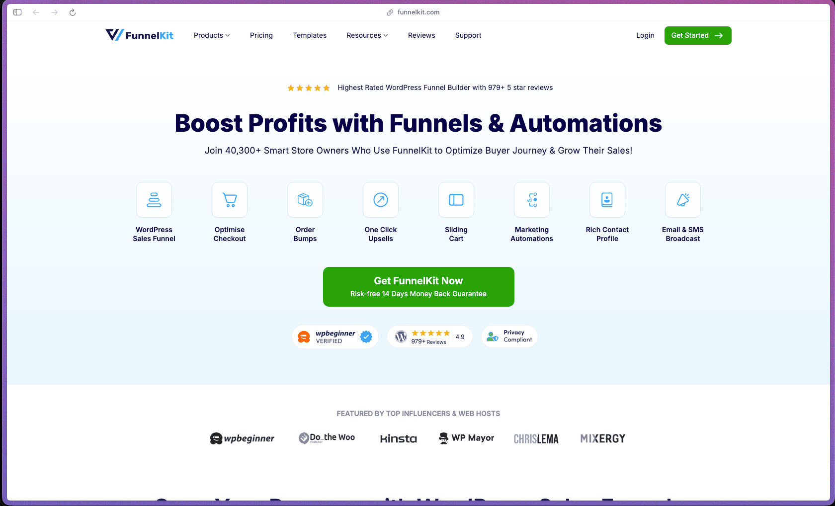 FunnelKit homepage at funnelkit.com showing a WooCommerce sales funnel builder plugin rated 4.9/5 on WordPress.org from 400+ reviews, used by 30,000+ stores. Features include drag-and-drop checkout page builder (single-step and multi-step), express checkout (Apple Pay, Google Pay), Google address autocomplete, conditional checkout fields and custom field editor, order bumps with conditional display and multiple bump support, post-purchase one-click upsells and downsells with rule-based dynamic offer routing, dynamic slide cart with in-cart product recommendations and milestone-based rewards (free shipping, gifts, discounts), opt-in funnel pages, sales page builder, thank you page builder (conditional), store checkout replacement, conversion pixel tracking (Facebook/Meta, Google, TikTok), A/B testing for all funnel pages, funnel conversion and revenue analytics, global analytics dashboard, FunnelKit Automations engine (Professional tier) with visual automation canvas, conditional branching, smart delays, 30+ prebuilt automation templates, abandoned cart recovery (email and SMS), post-purchase follow-up, win-back campaigns, broadcast email and SMS, custom transactional emails with drag-and-drop email builder, 360° contact profiles, audience segmentation, lists and custom fields, unlimited contacts, revenue tracking, activity logs, 60+ integrations (Zapier, webhooks, OptinMonster), and self-hosted data storage in WordPress database.