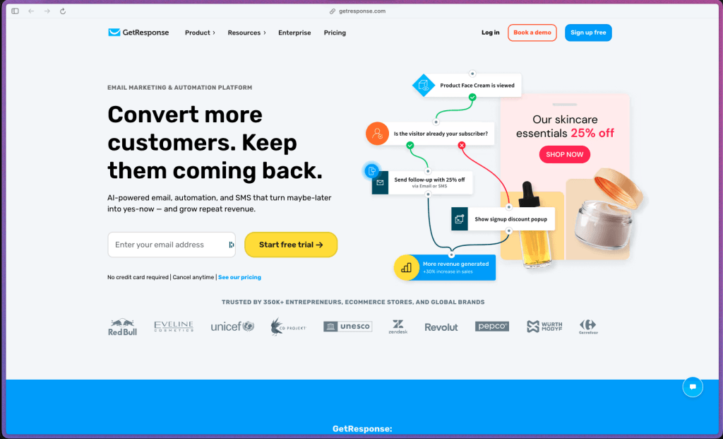 GetResponse homepage at getresponse.com showing an email marketing and automation platform founded in 1997. Rated 4.3/5 on G2 and 4.2/5 on Capterra from 1,000+ combined reviews; G2 Leader in Email Marketing category. 350,000+ customers across 160+ countries. Features include unlimited email sends, drag-and-drop email editor with 100+ templates, AI email copy and subject line generator, autoresponders, visual automation workflow builder (unlimited automations), behavior-based triggers (page visits, purchases, clicks), AI send time optimization, abandoned cart recovery (Shopify, WooCommerce, Magento), AI product recommendations, lead scoring, tag-based automation, unlimited landing pages with AI copy, webinar hosting (up to 300 attendees on Creator plan), conversion funnels, online course builder (Creator plan), paid newsletter monetization (Creator plan), forms and popups, SMS marketing, web push notifications, A/B testing (up to 5 variants), dynamic email content, real-time campaign analytics, e-commerce revenue reporting, automation conversion analytics, custom contact fields, list segmentation (unlimited segments), multi-user access (Marketer/Creator), custom landing page domains, GDPR consent management, double opt-in, DKIM/SPF authentication, dedicated IP (add-on), and 150+ integrations (Shopify, WooCommerce, Salesforce, HubSpot, Zapier, Facebook Lead Ads, Google Analytics, WordPress).