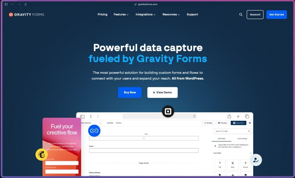 Gravity Forms homepage at gravityforms.com showing a premium WordPress form builder plugin first released in 2009 and in continuous development for 15+ years. Rated 4.5/5 on G2 from 235 reviews and 4.6/5 on Capterra from 91 reviews. Used across millions of WordPress sites. Features include drag-and-drop form builder (30+ field types), 4-column layout control, multi-page forms, conditional logic (show/hide fields, sections, pages, buttons), Save and Continue (partial save with resume link), file upload fields (single and multi-file, type and size restrictions), pre-built form template library, WCAG 2.1 AA accessibility compliance, Compact View editor, Orbital form theme and block styling, conditional email notification routing, payment forms (Stripe, PayPal, Square add-ons with one-time and recurring), Conversational Forms add-on (typeform-style, Elite), Quiz add-on with scoring and grading (Elite), Survey add-on with aggregate reporting (Elite), User Registration add-on with payment gating and BuddyPress integration (Elite), Advanced Post Creation add-on (Elite), Partial Entry capture (Pro/Elite), Webhooks (Pro/Elite), reCAPTCHA v2 and v3, honeypot spam protection, CSV export with date range filtering, entry management dashboard with admin notes and status management, 40+ official add-ons (Mailchimp, HubSpot, ActiveCampaign, AWeber, Salesforce, Zoho, Pipedrive, Zapier, Slack, Google Sheets, Twilio, Dropbox, and more), full developer API (actions, filters, custom field types, feed add-on framework).