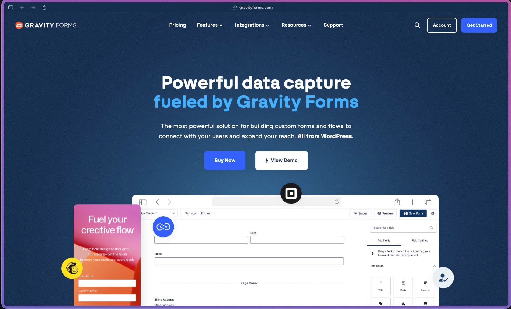 Gravity Forms homepage at gravityforms.com showing a premium WordPress form builder plugin first released in 2009 and in continuous development for 15+ years. Rated 4.5/5 on G2 from 235 reviews and 4.6/5 on Capterra from 91 reviews. Used across millions of WordPress sites. Features include drag-and-drop form builder (30+ field types), 4-column layout control, multi-page forms, conditional logic (show/hide fields, sections, pages, buttons), Save and Continue (partial save with resume link), file upload fields (single and multi-file, type and size restrictions), pre-built form template library, WCAG 2.1 AA accessibility compliance, Compact View editor, Orbital form theme and block styling, conditional email notification routing, payment forms (Stripe, PayPal, Square add-ons with one-time and recurring), Conversational Forms add-on (typeform-style, Elite), Quiz add-on with scoring and grading (Elite), Survey add-on with aggregate reporting (Elite), User Registration add-on with payment gating and BuddyPress integration (Elite), Advanced Post Creation add-on (Elite), Partial Entry capture (Pro/Elite), Webhooks (Pro/Elite), reCAPTCHA v2 and v3, honeypot spam protection, CSV export with date range filtering, entry management dashboard with admin notes and status management, 40+ official add-ons (Mailchimp, HubSpot, ActiveCampaign, AWeber, Salesforce, Zoho, Pipedrive, Zapier, Slack, Google Sheets, Twilio, Dropbox, and more), full developer API (actions, filters, custom field types, feed add-on framework).